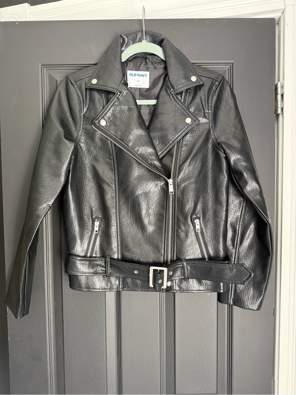 Old Navy Black Faux Leather Moto Jacket with Belt